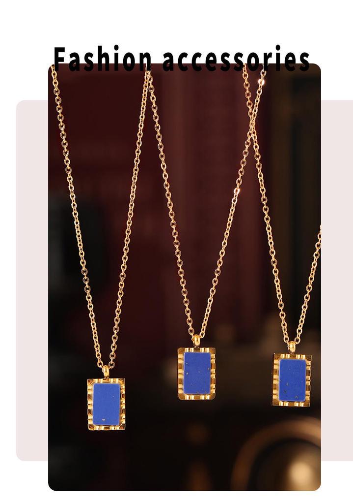 18K Goldplattierte Blaue Lapislazuli Quadratische Anhänger Halskette – Französischer Retro Layering Stil