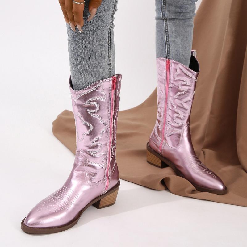 Fashion Women's Thick Heel Cotton Boots Winter New Point Side Zipper Embroidery Anti-slip and Wear-resistant High Boots