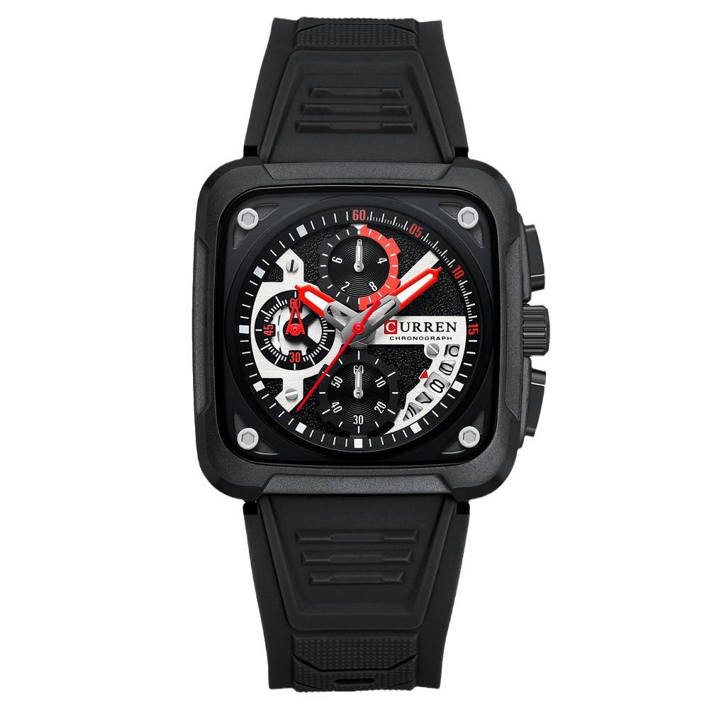 CURREN 8461 Men's Square Sports Watch with Silicone Strap and Multifunctional Six-Needle Calendar