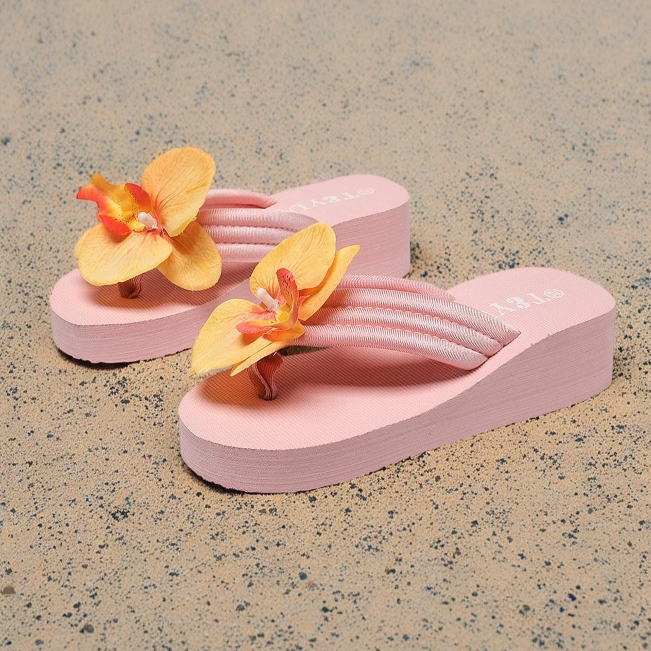 

Лето 2025 новые шлепанцы с цветком фаленопсиса женские пляжные для путешествий нескользящие повседневные сандалии на плоской подошве 36 розовый