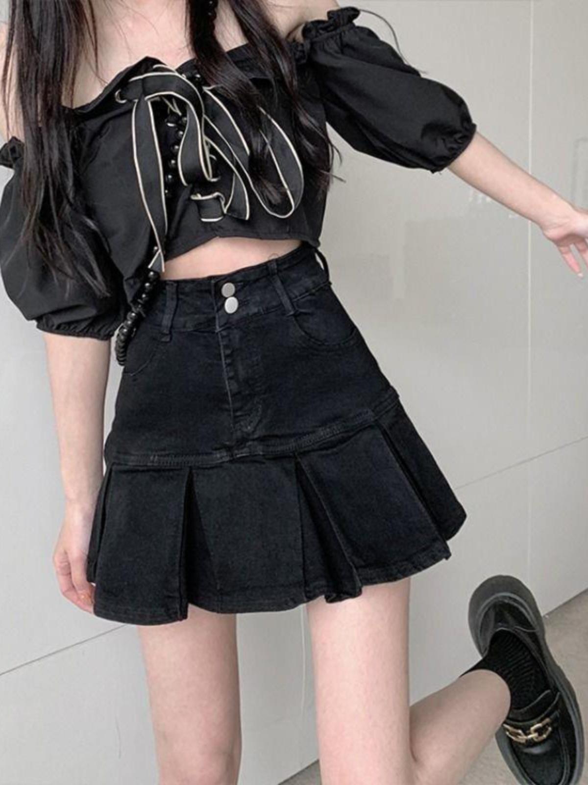 

Юбка А-силуэта с высокой талией и плиссировкой в американском стиле для женщин, дизайн лето 2025 XL чёрный