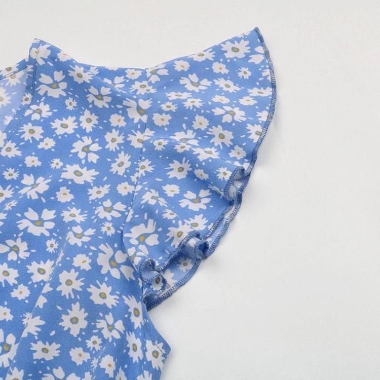 Floral Print High Waist V Neck Dress with Irregular Flying Sleeve for Women