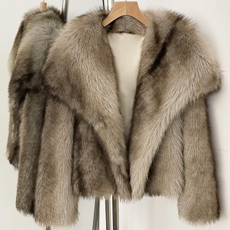 Winter-Kunstpelzmantel Damen Kunstfuchsfell Kurz Mode Gestreifter Reversmantel