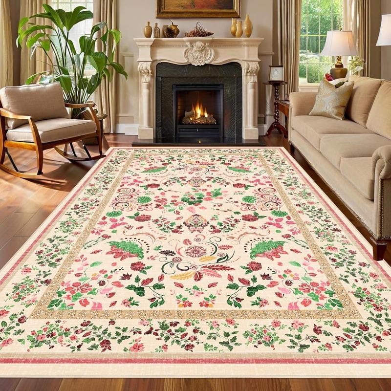 Beige Floral Living Room Carpet Bohemian Style Sofa Coffee Table Floor Mat Foldable Machine Washable Bedroom Bedside Soft Rug