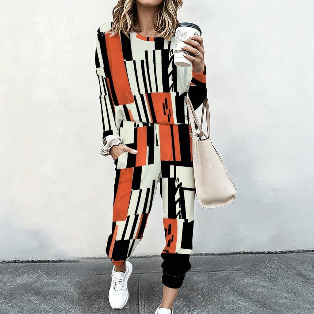 Ladies Round Neck Loose Sweatshirt And Elastic Waist Straight Trousers Two Piece Casual Home Outfit