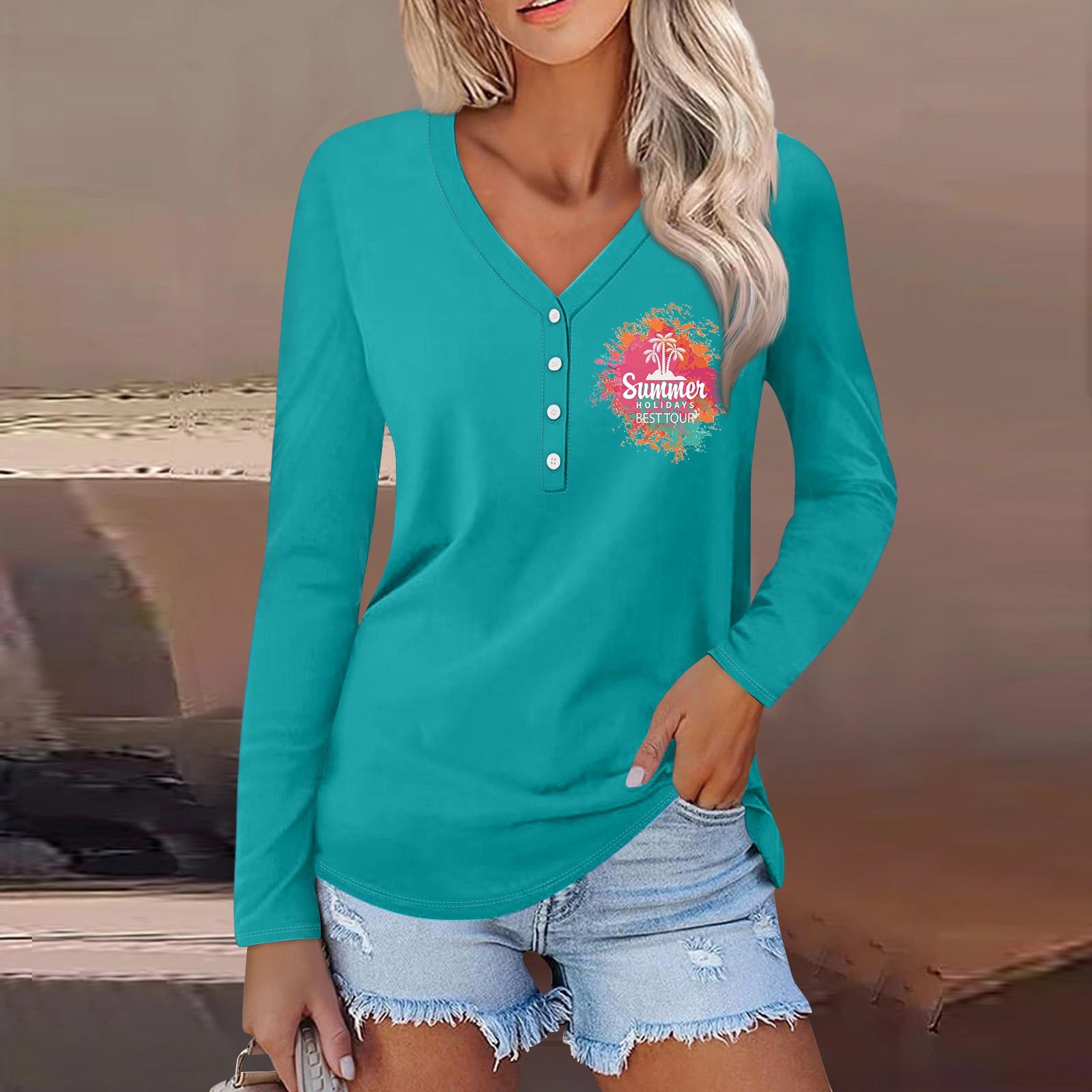 

Женская повседневная мода сексуальный удобный пляжный стиль повседневный принт V-образный вырез пуговицы длинный рукав L циан