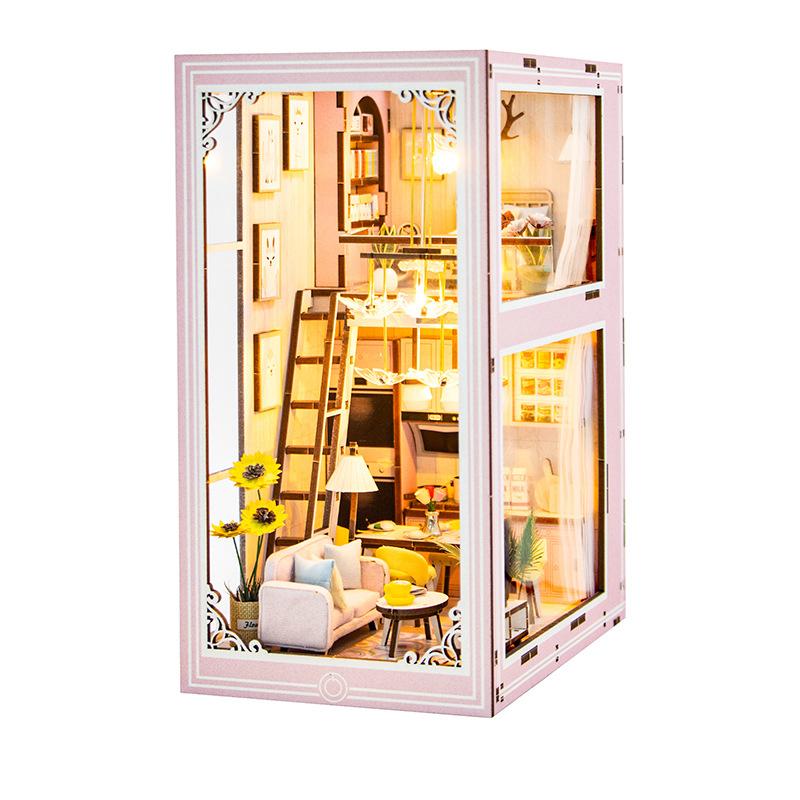 

Modern DIY Wooden Book Nook Shelf Insert Miniatures Kits Pink Loft Bookshelf Home Bookend Decoration For Adult Handmade Gifts