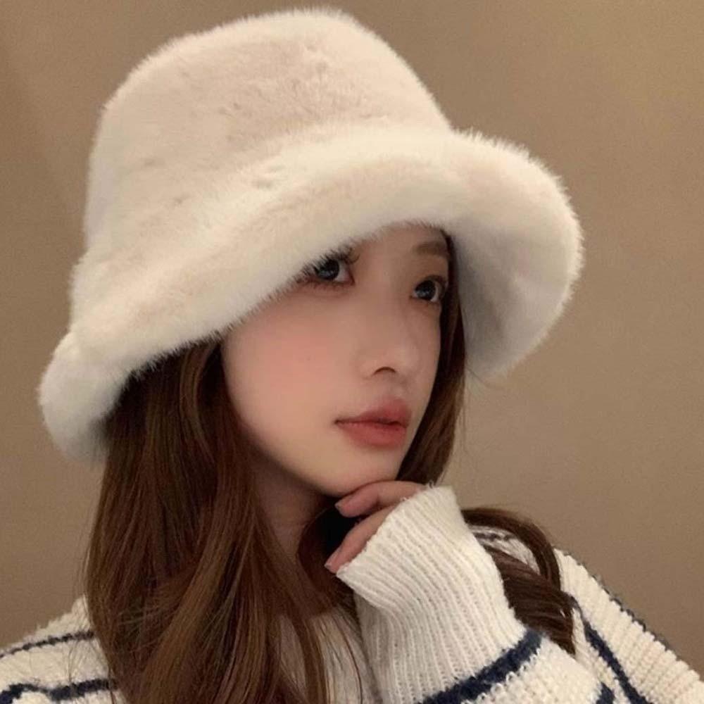 Temperament Plush Basin Cap Warmer Anti-cold Bucket Hat Plush Winter Fisherman Hat  Cycling