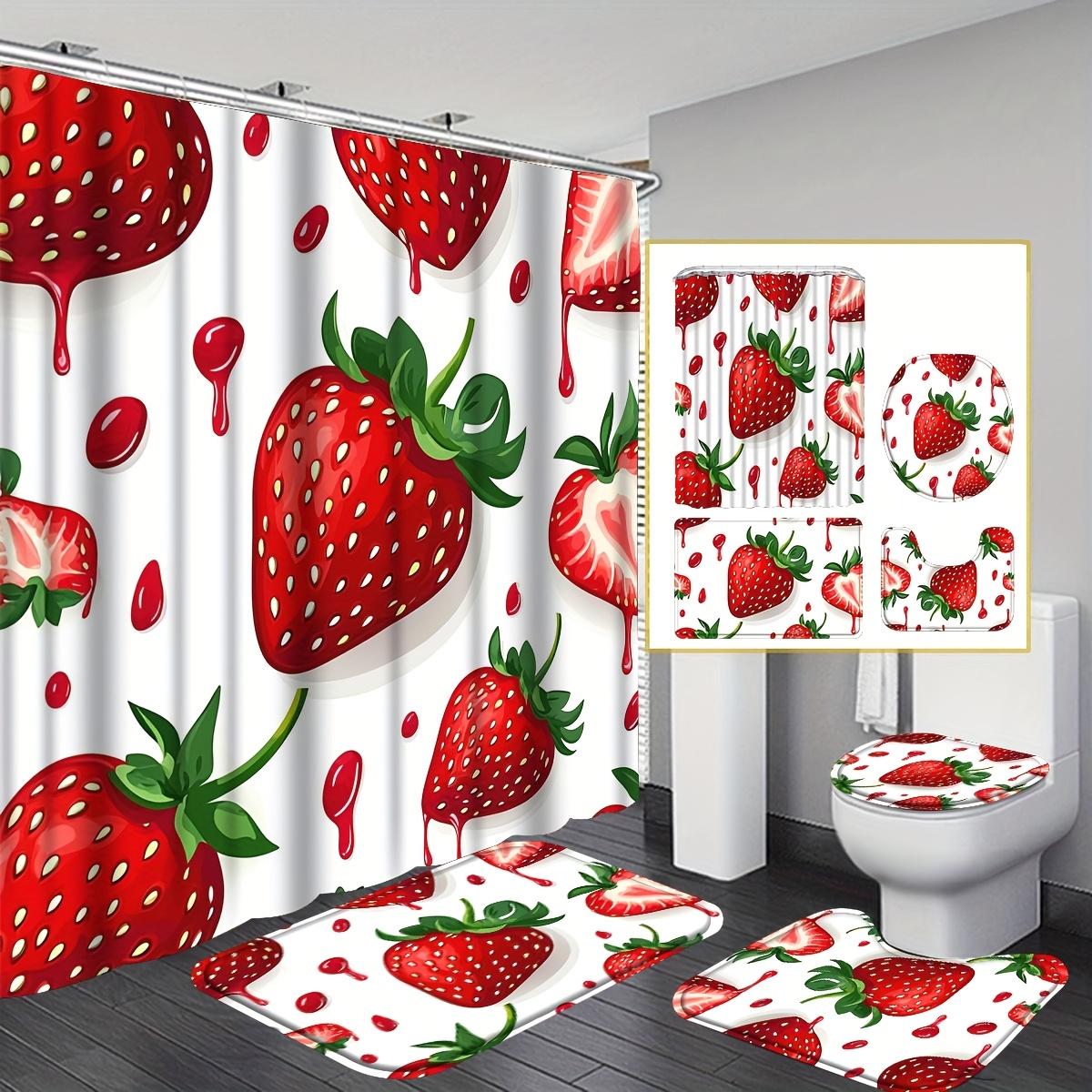 4-teiliges Erdbeer-Duschvorhang-Set mit rutschfester Badematte, Toilettendeckelbezug, Schlingenmatte & 12 Haken, Badezimmerdeko 4PCS-Full Set gray