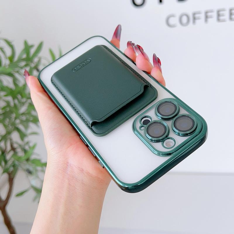 With Leather Card Slot Clear Magnetic Case For iPhone 16E 16 Pro Max 15 14 13 12 11 Lens Film Protection TPU Soft Shockproof for Magsafe Phone Cover