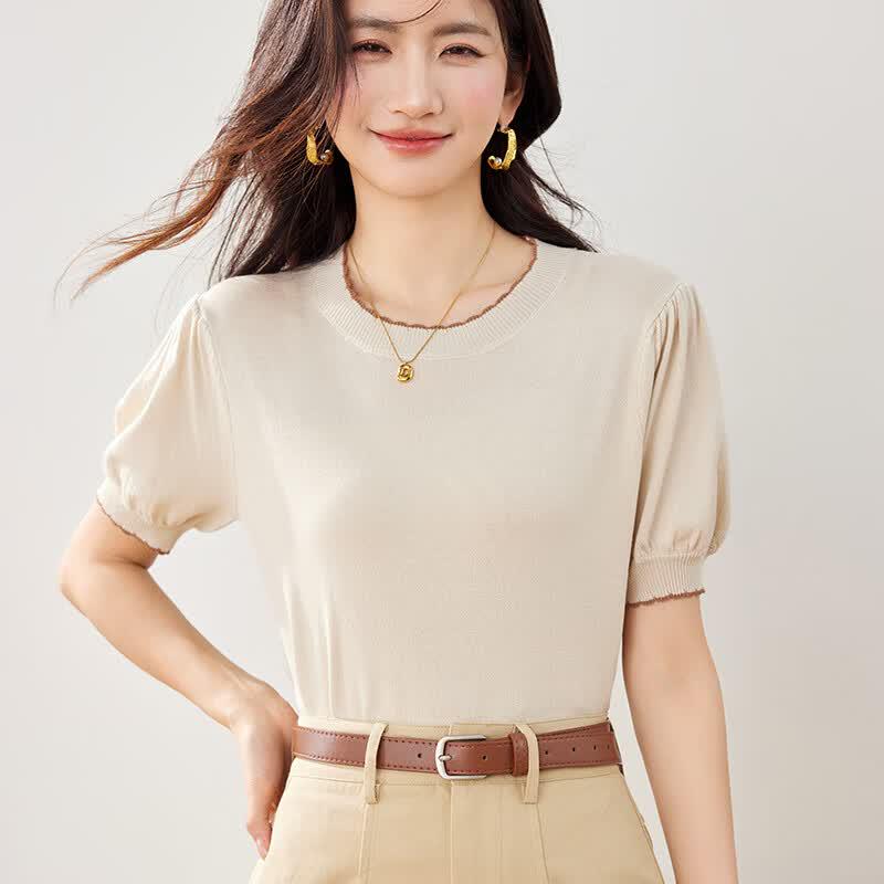 Zuo Se Elegant Contrast Trim Puff Sleeve Top S