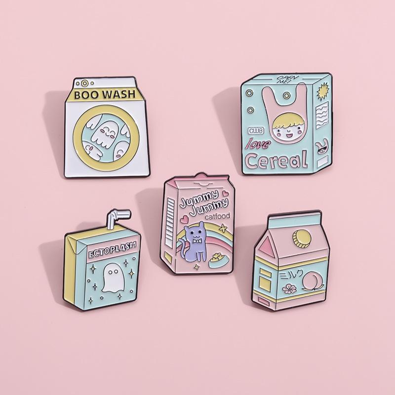 Trendy Box Milk Drink Style Brooch With Adorable Cat Graphic And Alphabetic Motifs