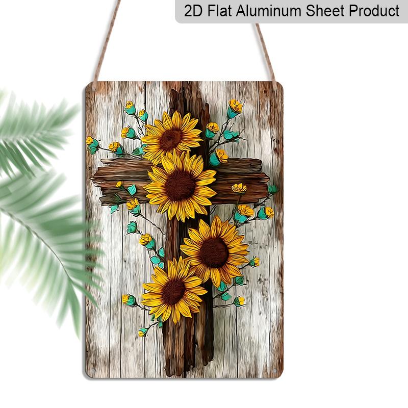 2D Flat - Decorative Metal Sign for Wall Art, Durable Aluminum Material 8*12 Inch Featuring Vintage Sunflowers and A Wooden Cross. Ideal As A Holiday