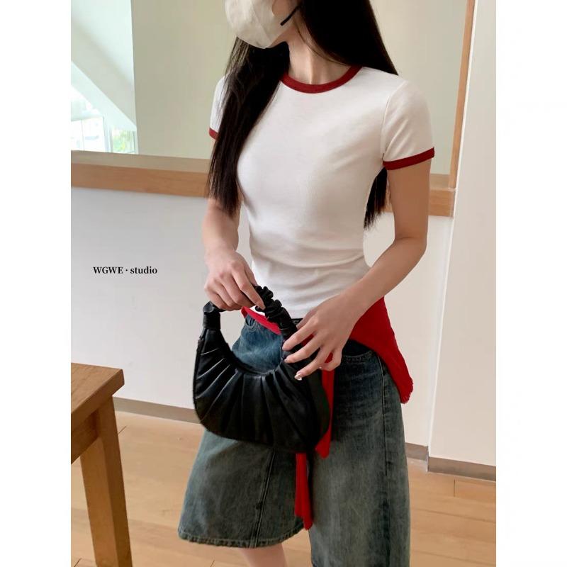 Kontrastfarbenes einfarbiges Rundhals-Slim-Kurzarm-T-Shirt für Damen Sommer Neues koreanisches Mode-Top