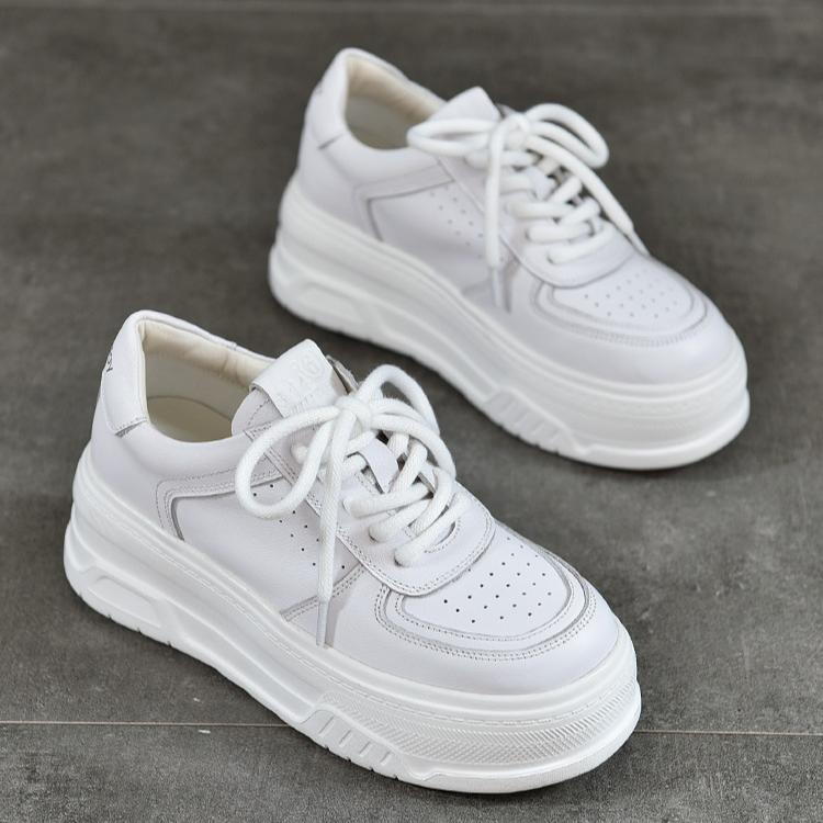 Johnature Genuine Leather Thick Sole Height Increasing White Shoes For Women Casual Flat Platform Shoes