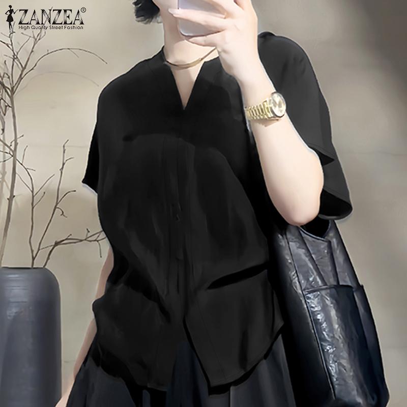ZANZEA Women Casual V-Neck Loose Summer Short Sleeve Blouse