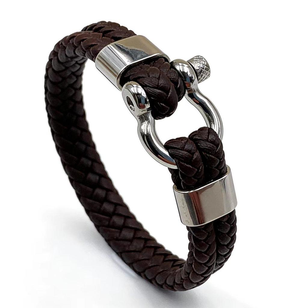 Men's Retro Horseshoe Buckle Leather & Stainless Steel Stackable Bracelet