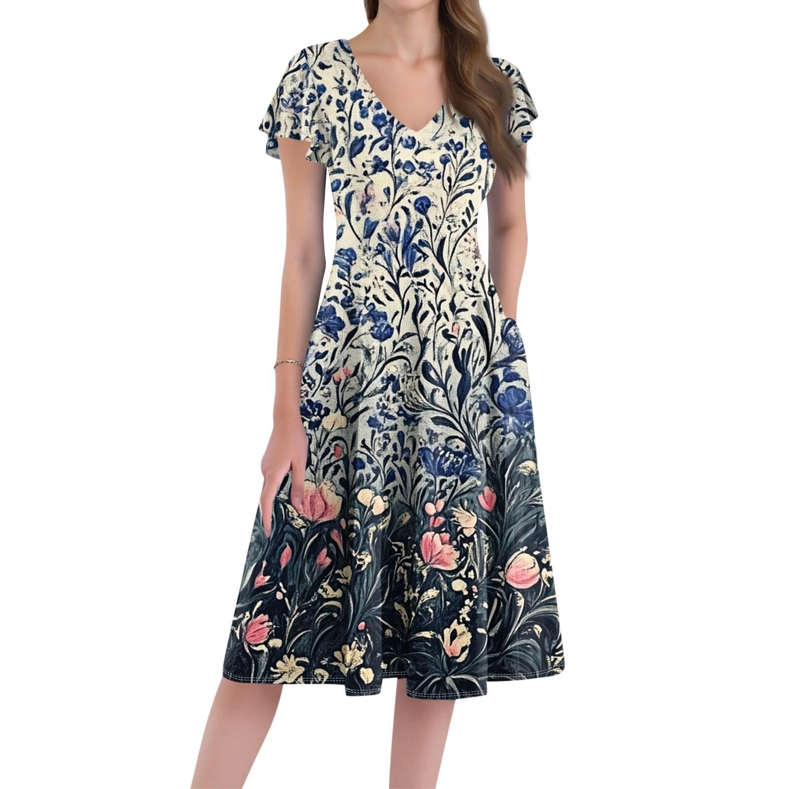 

Women s Loose Casual And Fashionable V-Neck Short Sleeved Print Mid Length Dress XXL