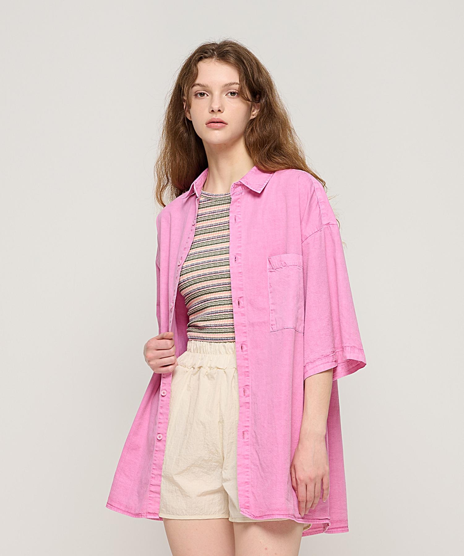 Cargo Bros For Woman Pigment Washed Oversized Short Sleeve Shirt (Pink) Free