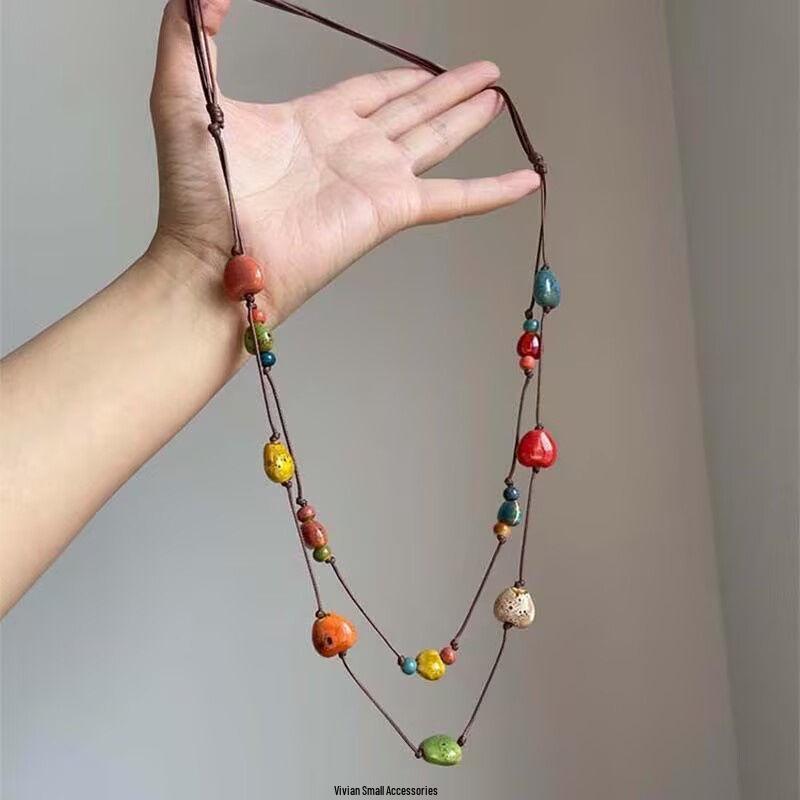 Vintage Bohemian Ethnic Ceramic Bead Pendant Necklace