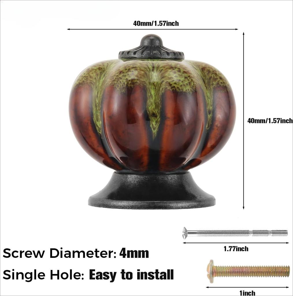 1pc Antique Pumpkin Ceramic Door Knob for Cabinets Cupboard Dresser Drawers Kitchen Furniture Handles Pulls with 2 Sizes Screws