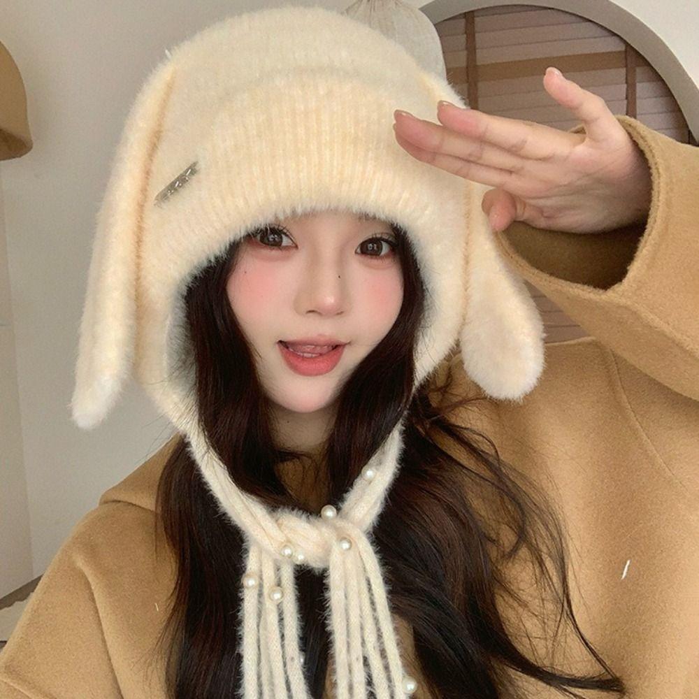 Winter Warm Ear Protector Hat Soft Windproof Rabbit Ear Pullover Cap Thicken Fluffy Big Ears Knitted Cap Winter Season