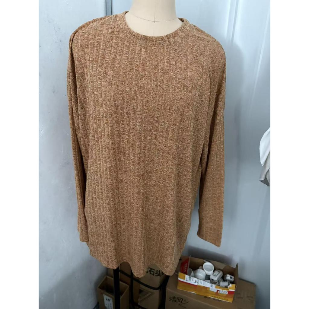 Fall New Ribbed Crew Neck Loose Long Sleeve Knit Top T-shirt for Women European American Style