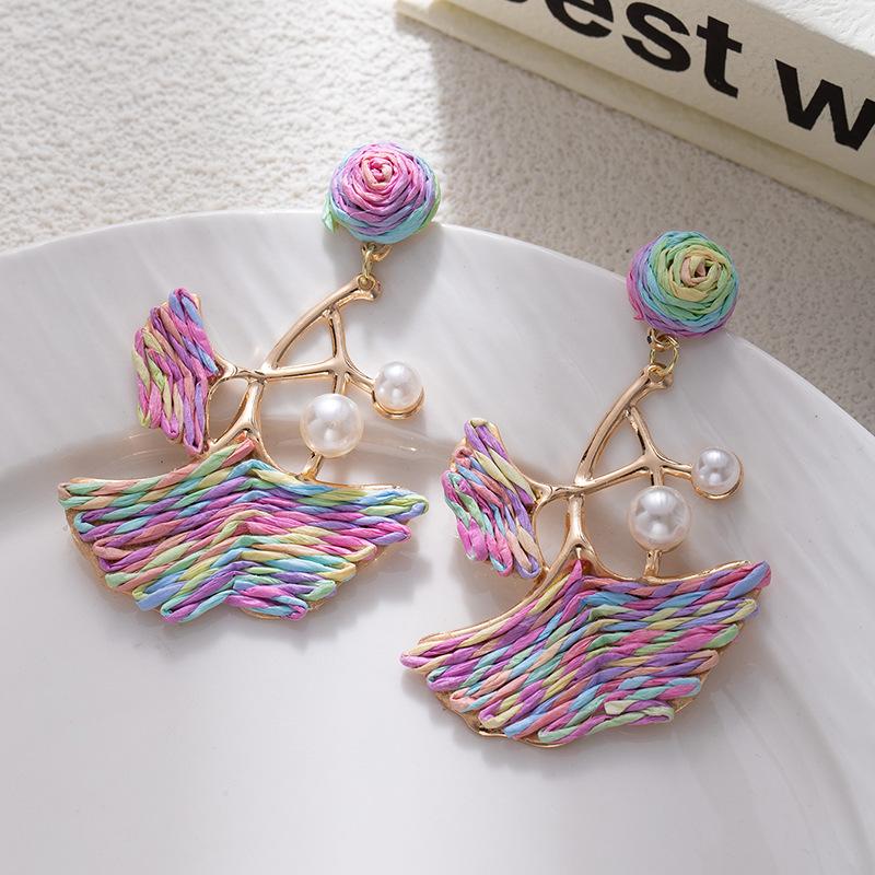 Dopamine Colored Leaves Hand-Woven Raffia Earrings Women'S Vacation Wind Sweet Temperament Unique Earrings Earrings