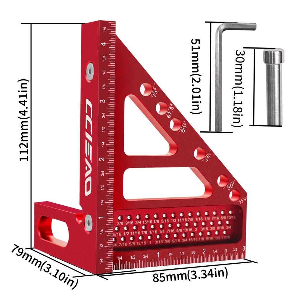 Imperial 3D Multi-Angle Measuring Ruler, 45/90 Degree Aluminum Alloy Woodworking Square Protractor for Engineer Carpenter