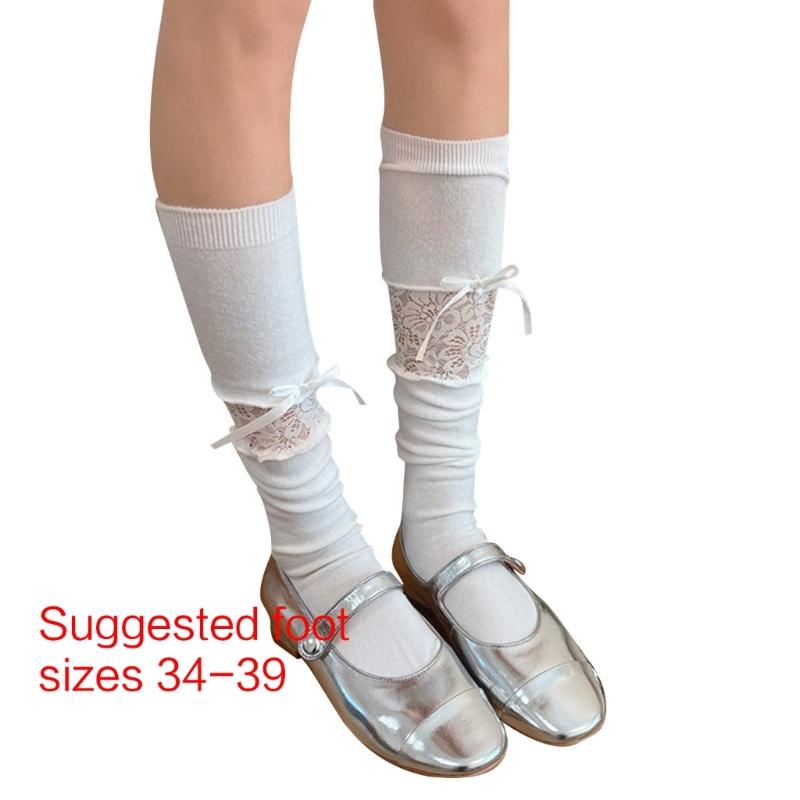 Women Lace Patchwork Calf Sock Knee Length Socks Lacing Up Knee Sock Fashion Mesh Knee Stockings Sexy Mesh Calf Socks