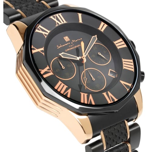 Salvatore Mara Watch Chronograph 10 ATM Water Resistant Business Formal Italian Brand Limited Model Men's SM15104 (Black X Pink Gold)