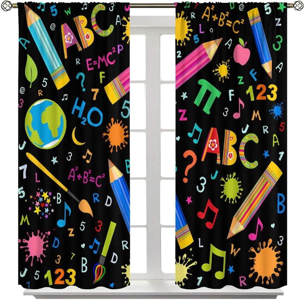 Funny Education Alphabet Abc Curtains,Cartoon Kids Learning Letters Watercolor Decor Rod Pocket Window Treatments For Boy Baby