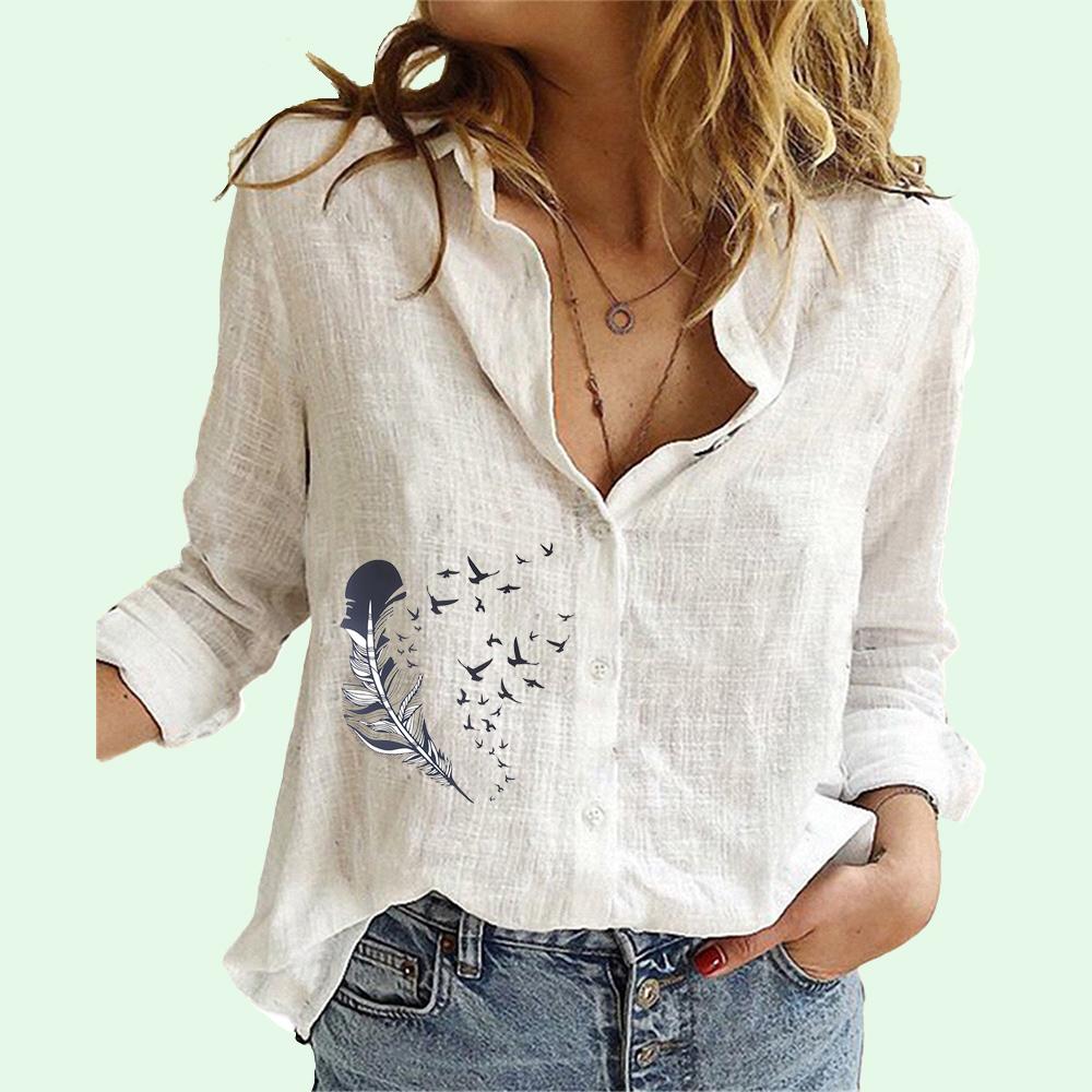 

Женская модная рубашка с длинным рукавом и принтом одуванчика, женская льняная блузка, женский летний и осенний повседневный топ на пуговицах S белый