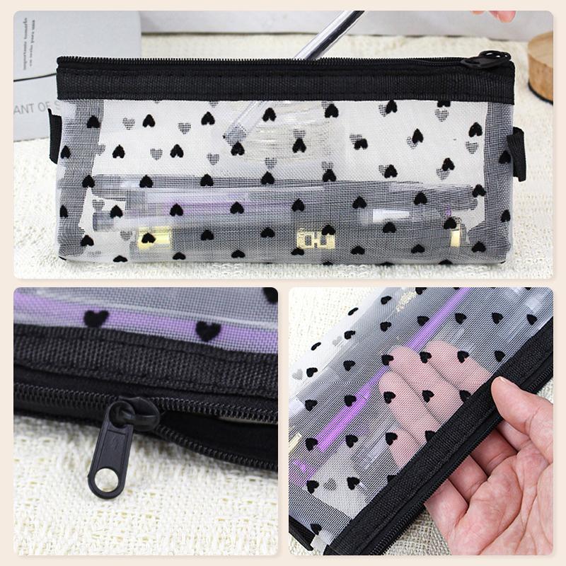 Mesh Pencil Case Cosmetic Makeup Bags Case Transparent Multifunction Organizer Folder Zipper Black Heart Pencil Case Storage Bag