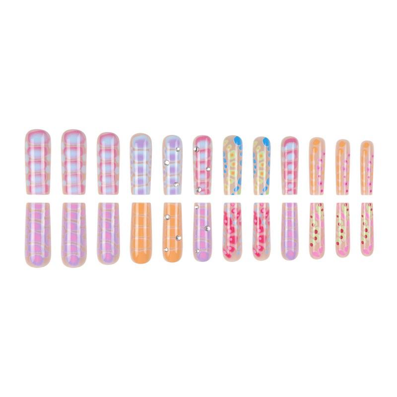 24pcs Press-On Nails Set Women - Long Style 3D Embellished Acrylic Nail Tips With Gel Adhesive Jelly Glue Options