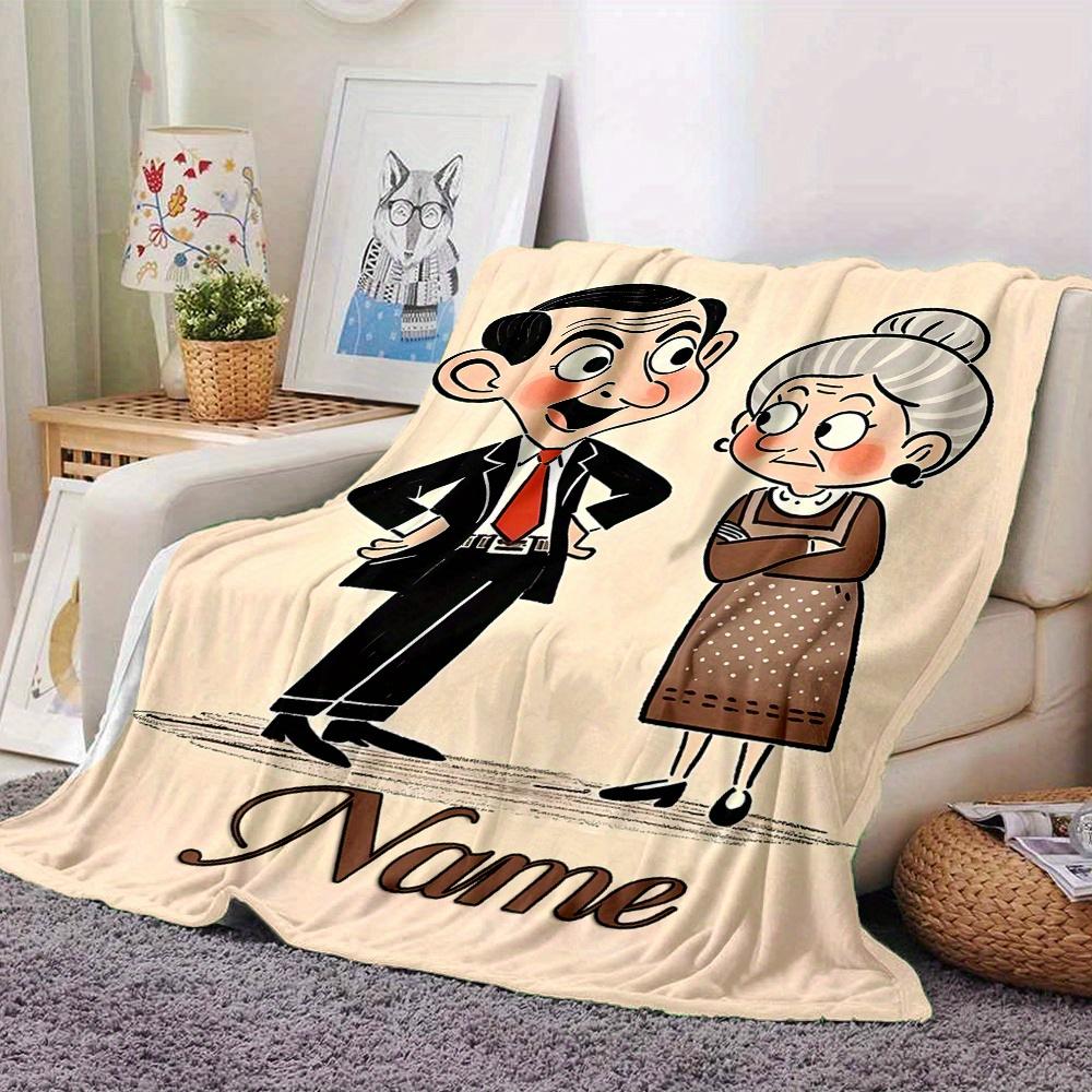 Mr Bean Grandma Themed Flannel Blanket Personalized Name Soft Warm And Versatile For Sofa Bed Office And Travel Machine Washable Comfortable In All