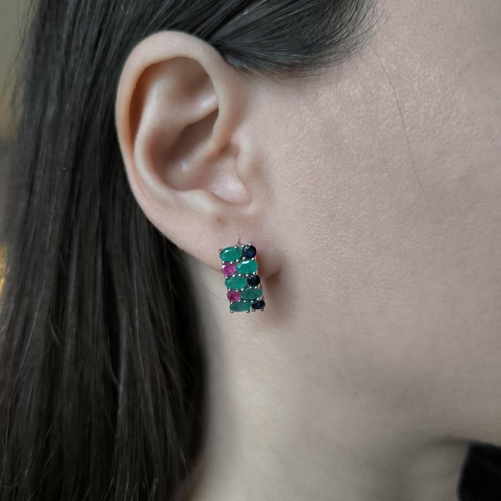 Серебряные серьги с натуральным сапфиром 4.05ct, изумрудом, рубином (2182344)