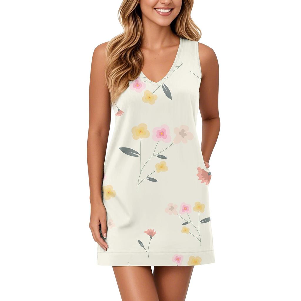 Weiches Tankkleid mit V-Ausschnitt für Damen, ärmelloses Sommerkleid, lässiges, entspanntes Sommerkleid mit Tasche