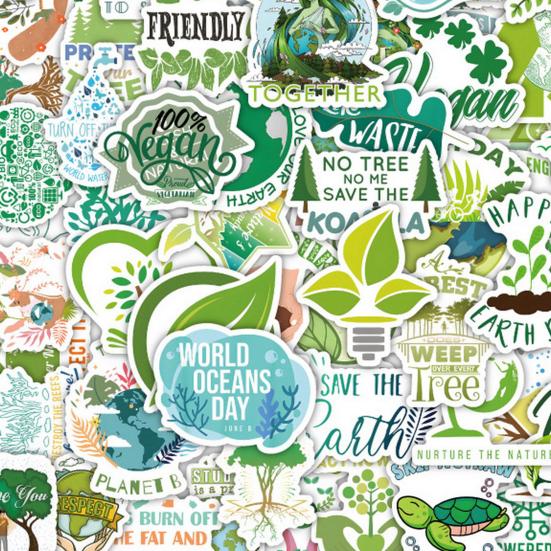 106Pcs/Set Handbook Decal Waterproof Cup Patterns Decorative Green Environmental Theme Self-Adhesive Graffiti Sticker Supply