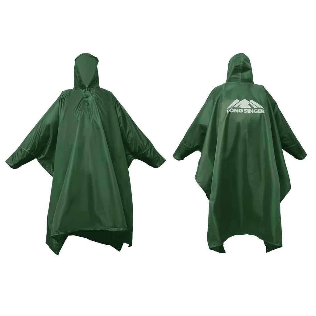 Longsinger Reusable Rain Poncho with Adjustable Hood and Armrests for Outdoor and Men and Army Green Waterproof, Lightweight, Hiking, Fishing,