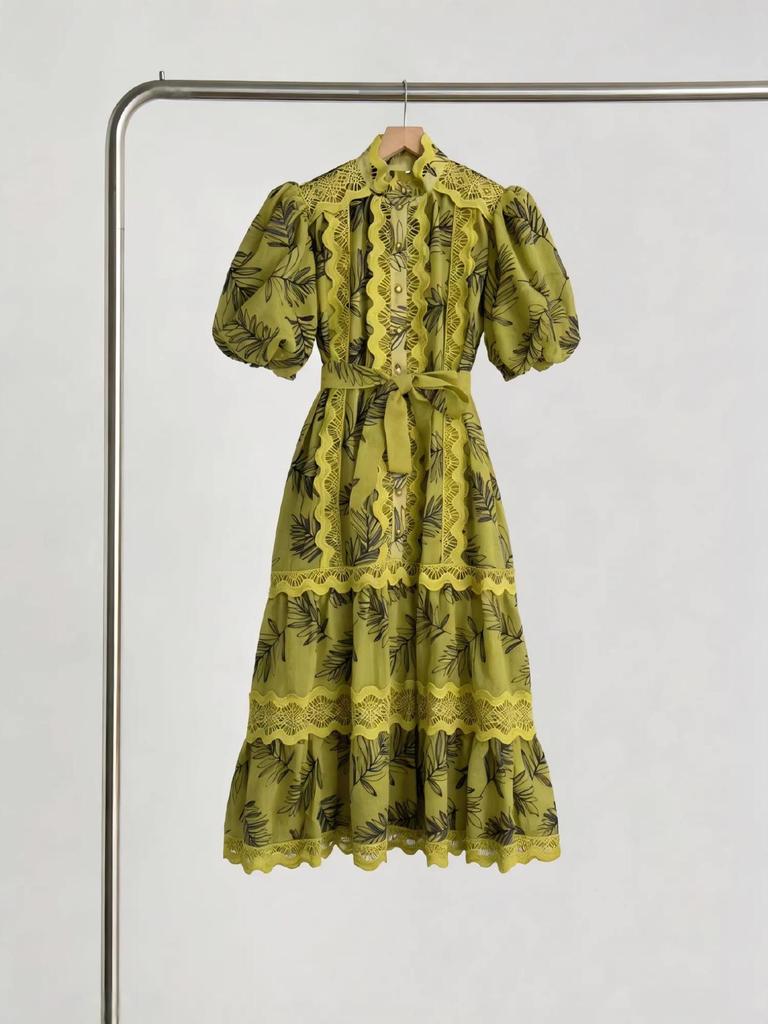 Lace Stand Collar Embroidered Patchwork Puff Sleeve Dress