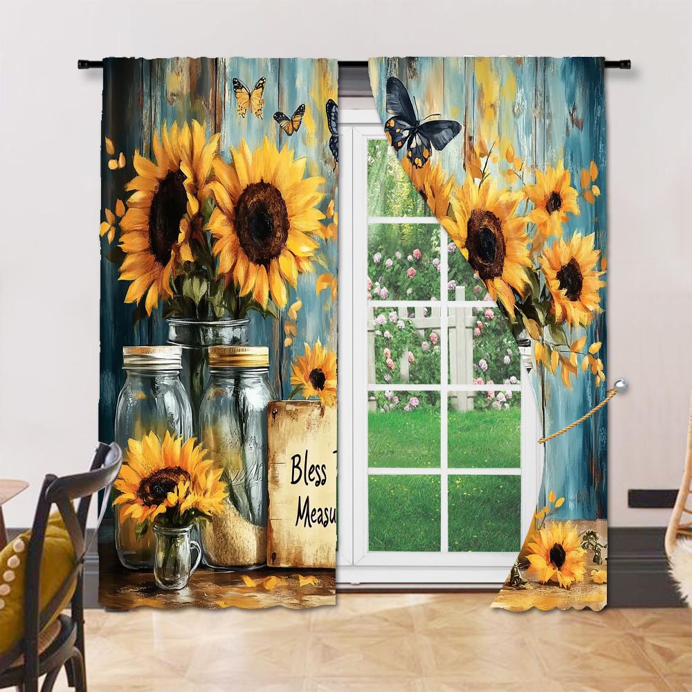 Set Of 2 Rustic Versatile Polyester Transparent Curtains Home Decoration Vintage Yellow Floral Use Bedrooms Living Curtain Ideal For Sleeping Area