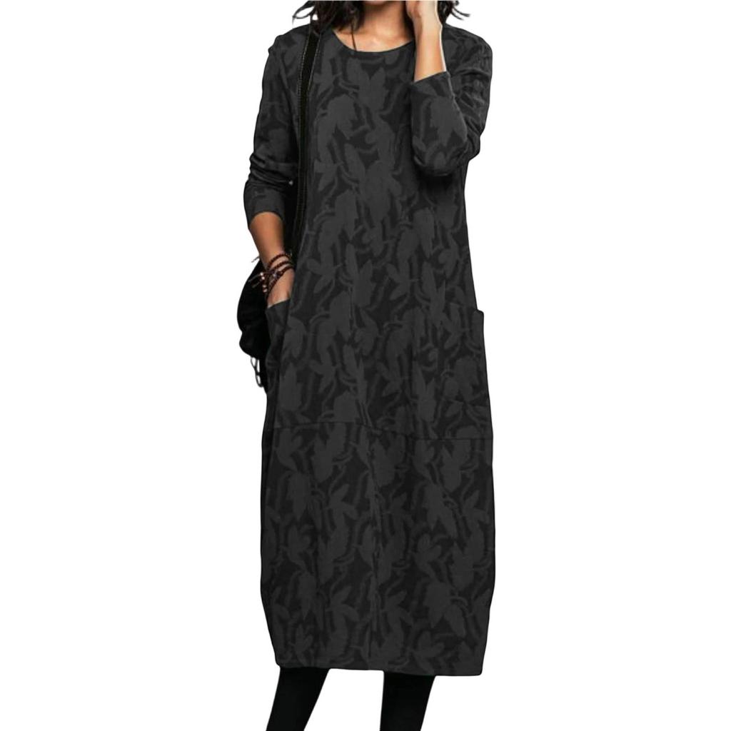 Abito lungo casual da donna con spalle scoperte, bordatura in pizzo e vestibilità ampia