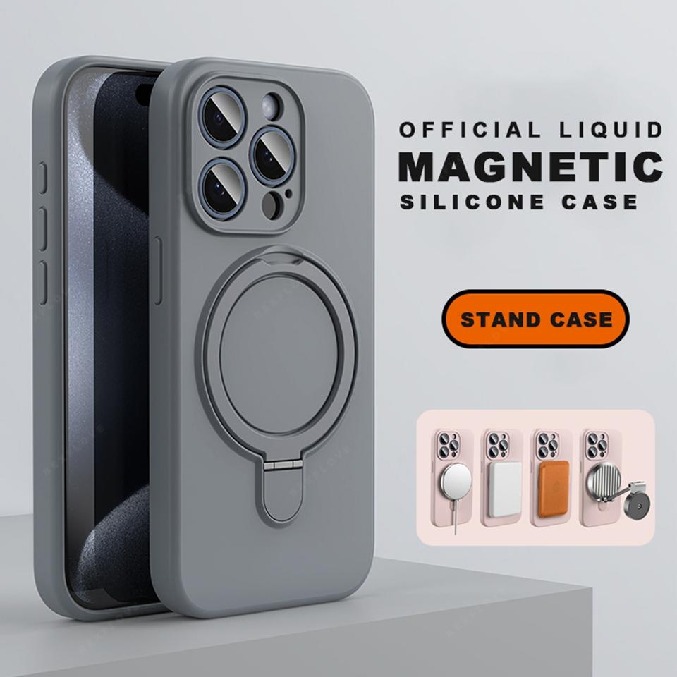 Magnetic Liduid Silicone Stand Phone Case For iPhone 15 14 16 Plus 11 12 13 16 Pro Max Magsafe Ring Holder Protector Soft Cover