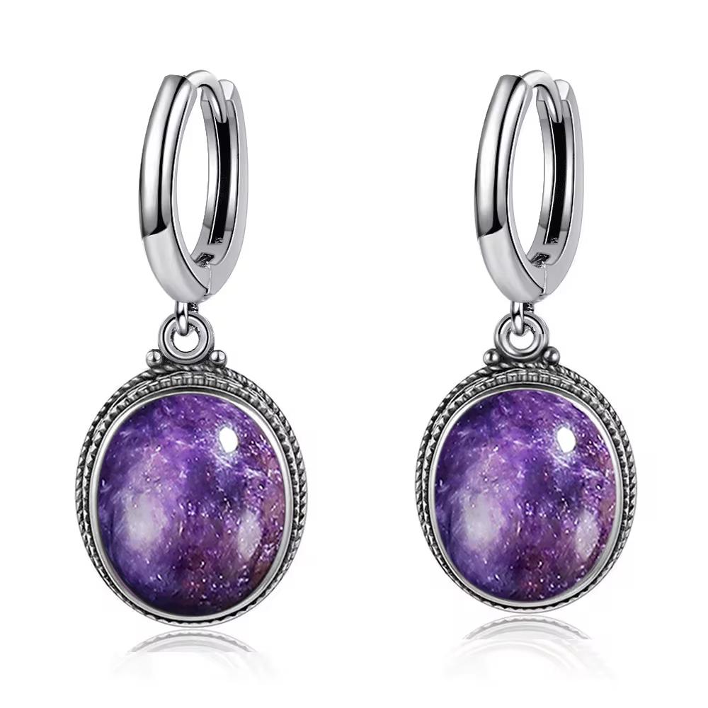 Vintage 925 Silver Natural Labradorite Earrings with Blue Light 10*12mm Big Stone Hoop Earrings Fine Jewelry for Women