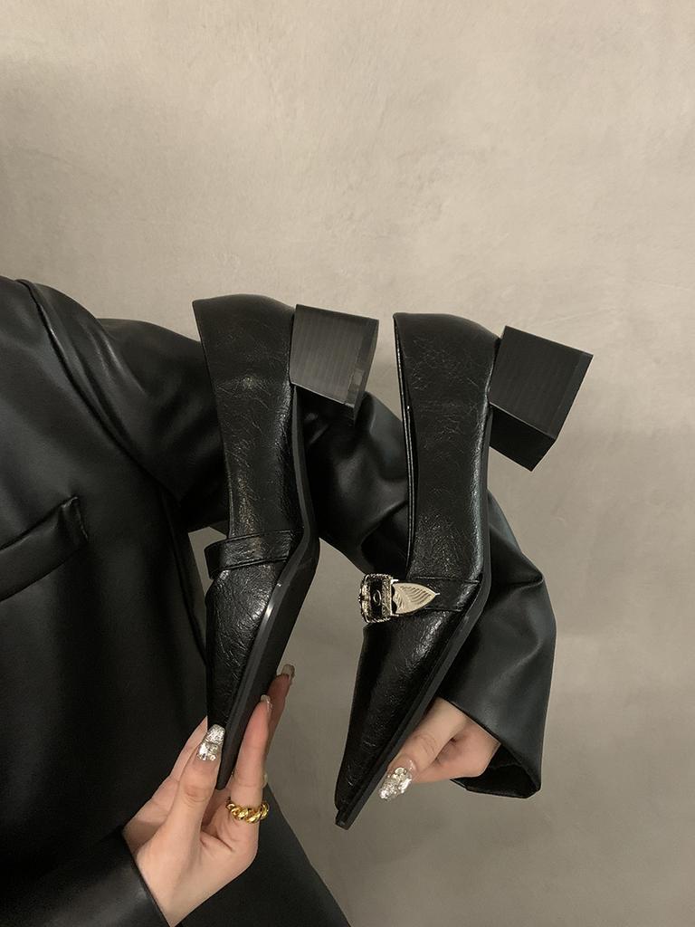 thick heel black pointed high heels French small leather shoes retro shoes children 2025 new loafers retro style