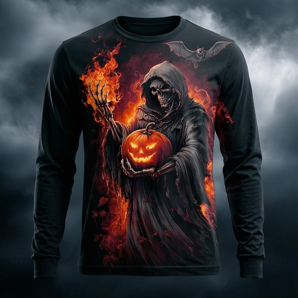 Men's Long Sleeve T-Shirt 3D Print Grim Reaper Pumpkin Bat Flame Halloween Gothic Crew Neck Casual Tops