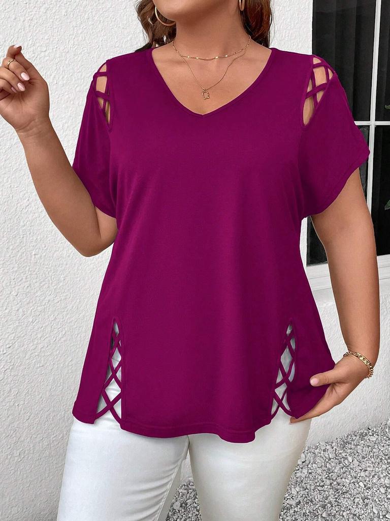 2026 Plus Size V-Neck Cross Strap Hollow Short Sleeve Women's T-shirt