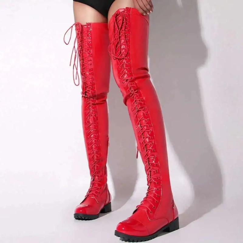 Černé šněrovací kozačky nad koleno s nízkým podpatkem pro ženy, kulatá špička, zip, dámské punkové boty