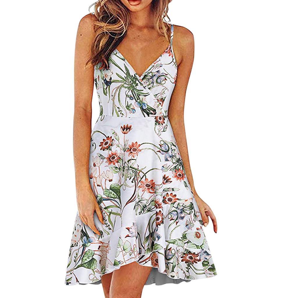 Women Casual Print V-Neck Sleeveless Sling Dress